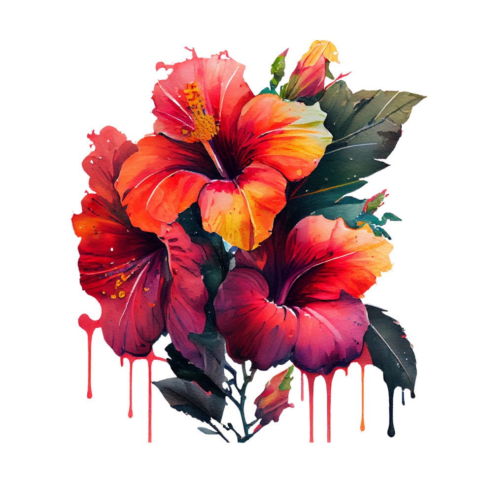 hibisco flores png, hibisco flores aguarela pintura gotejamento ai gerado png