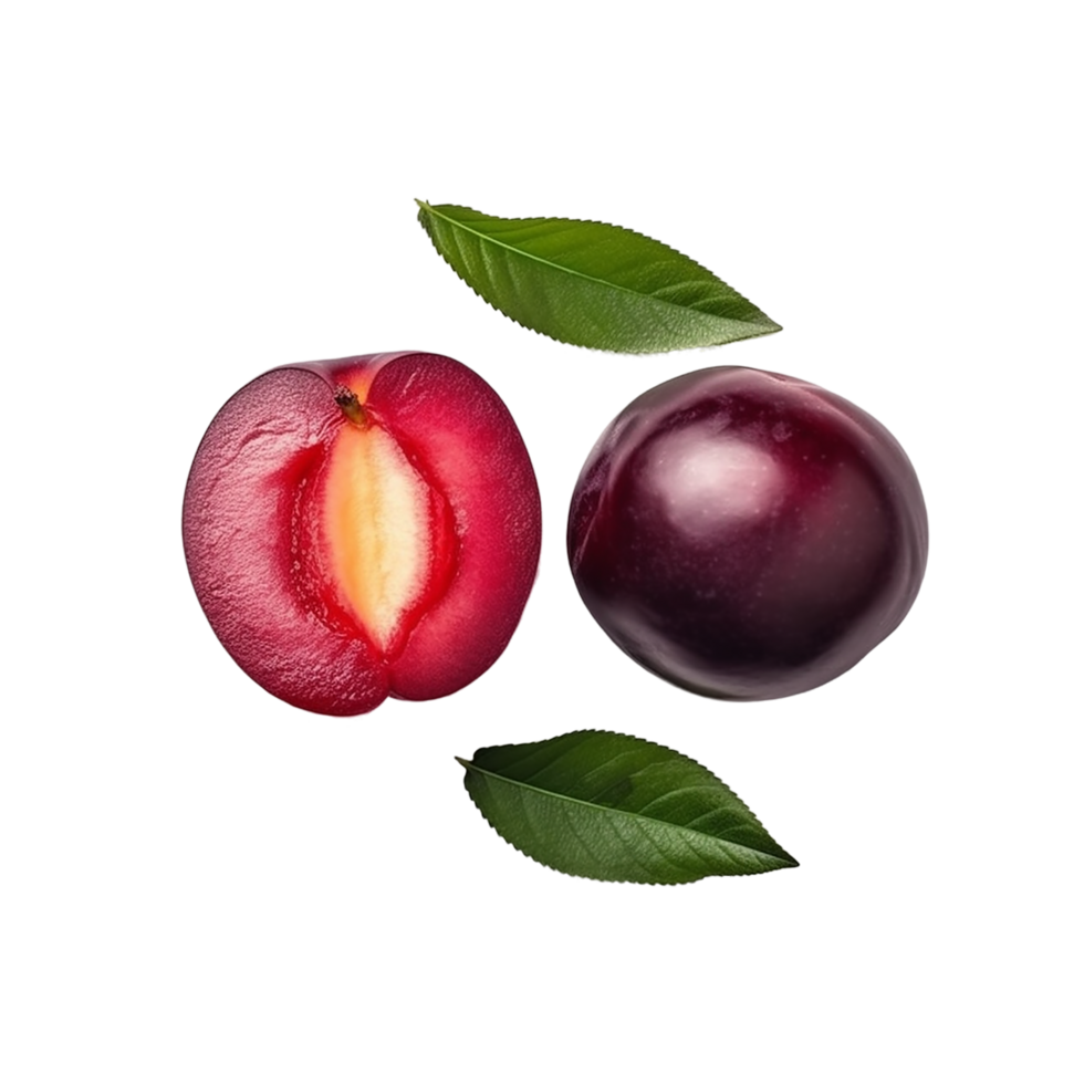 Top view of two plums one full one cut in half with transparent background png