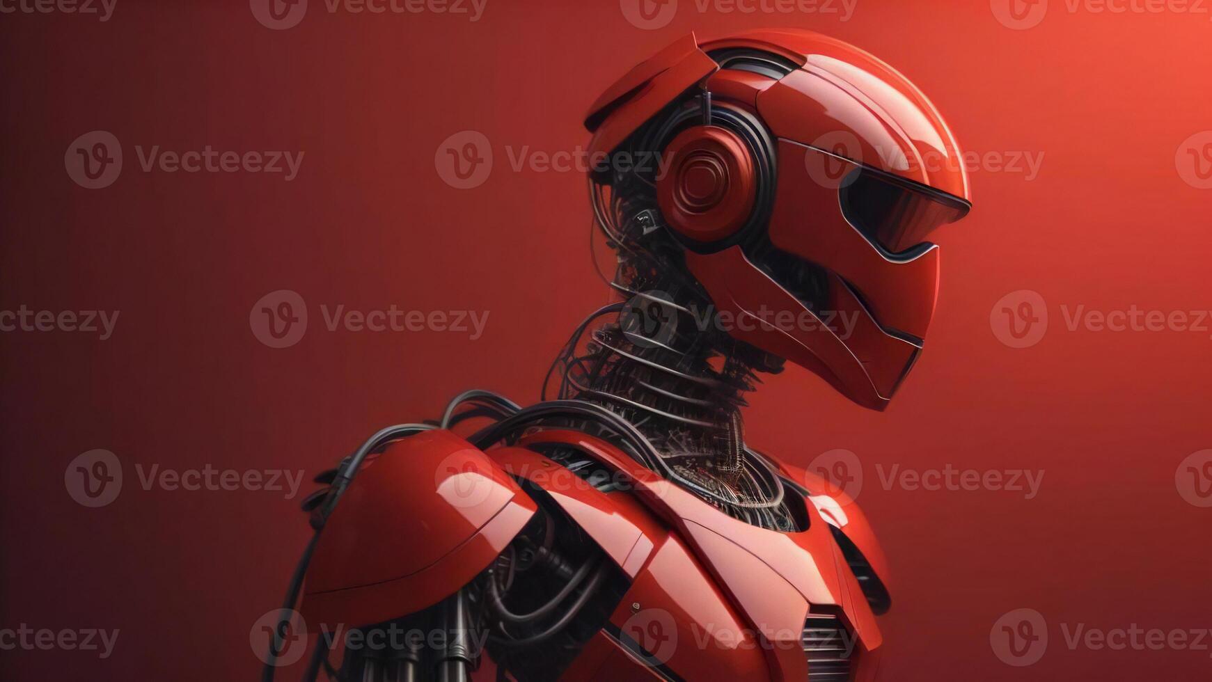 Cyborg with red helmet on red background. photo