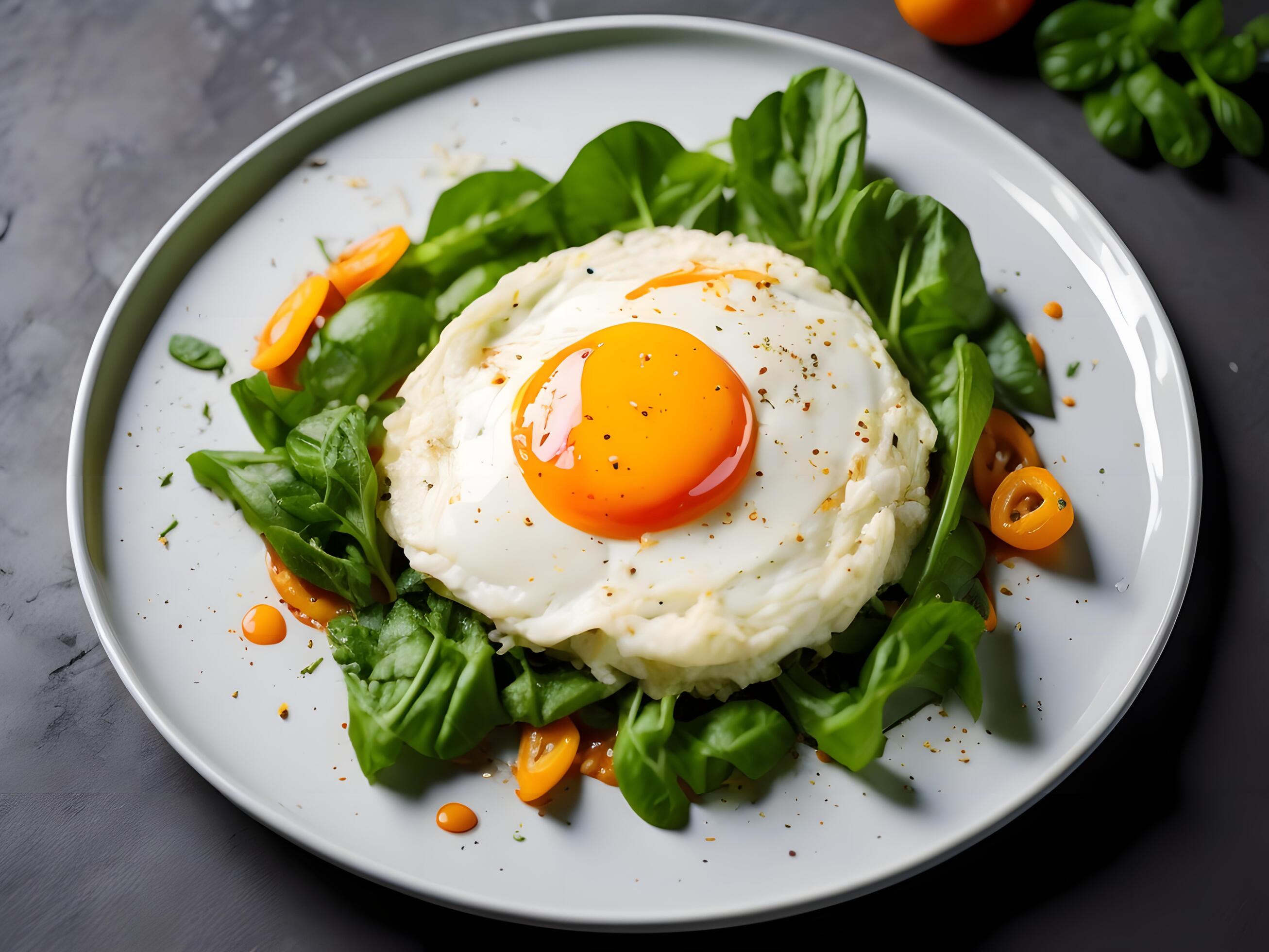 Healthy breakfast with mashed potatoes and fried egg on a black