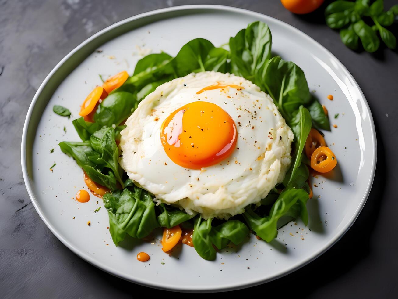 Healthy breakfast with mashed potatoes and fried egg on a black background. photo