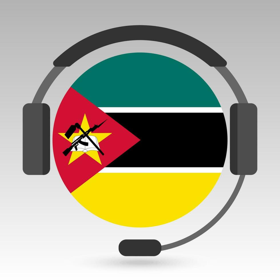 Mozambique flag with headphones, support sign. Vector illustration.