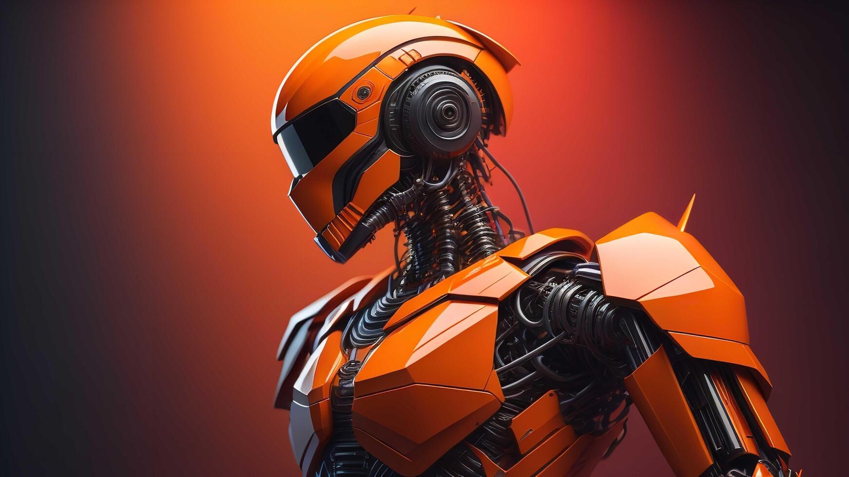 Robot or cyborg with helmet on orange background. photo