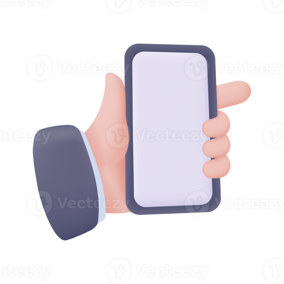 Businessman hand holding a phone. 3d illustration. Online business concept. png