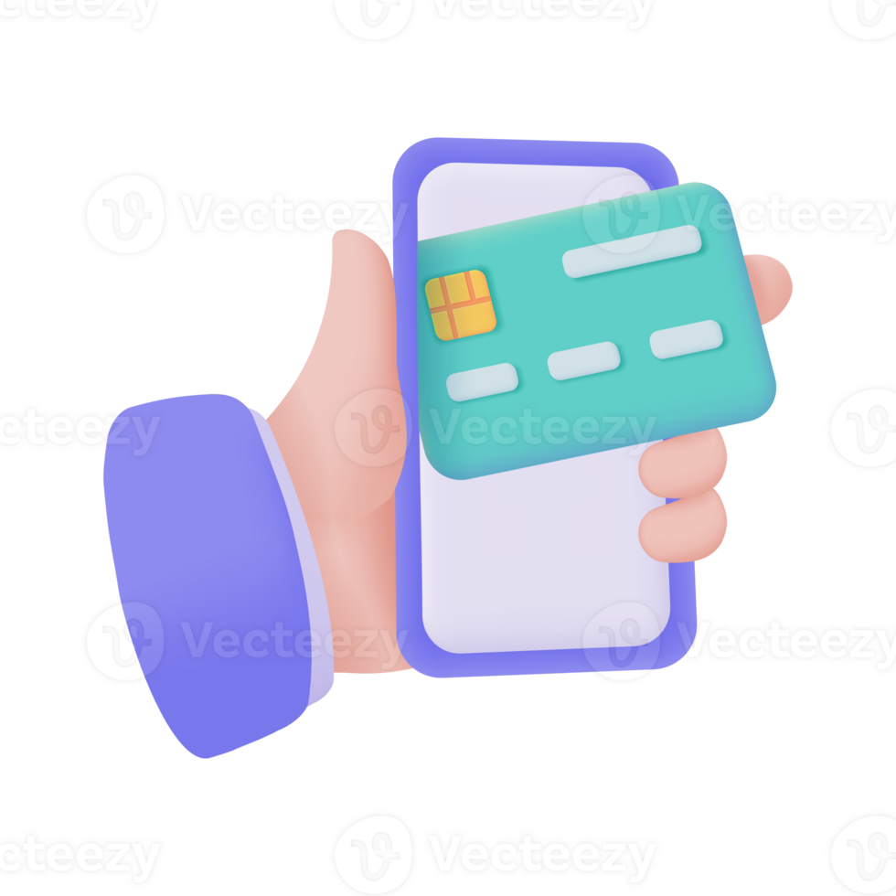 Hand holding a phone. online payment by credit card cashless society Scan QR code to pay online. 3D illustration. png