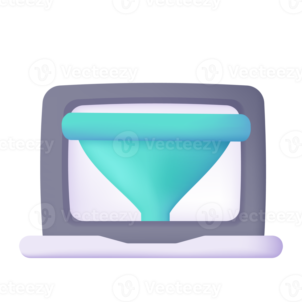 3D filter funnel on the computer Information screening concept Screen business ideas png