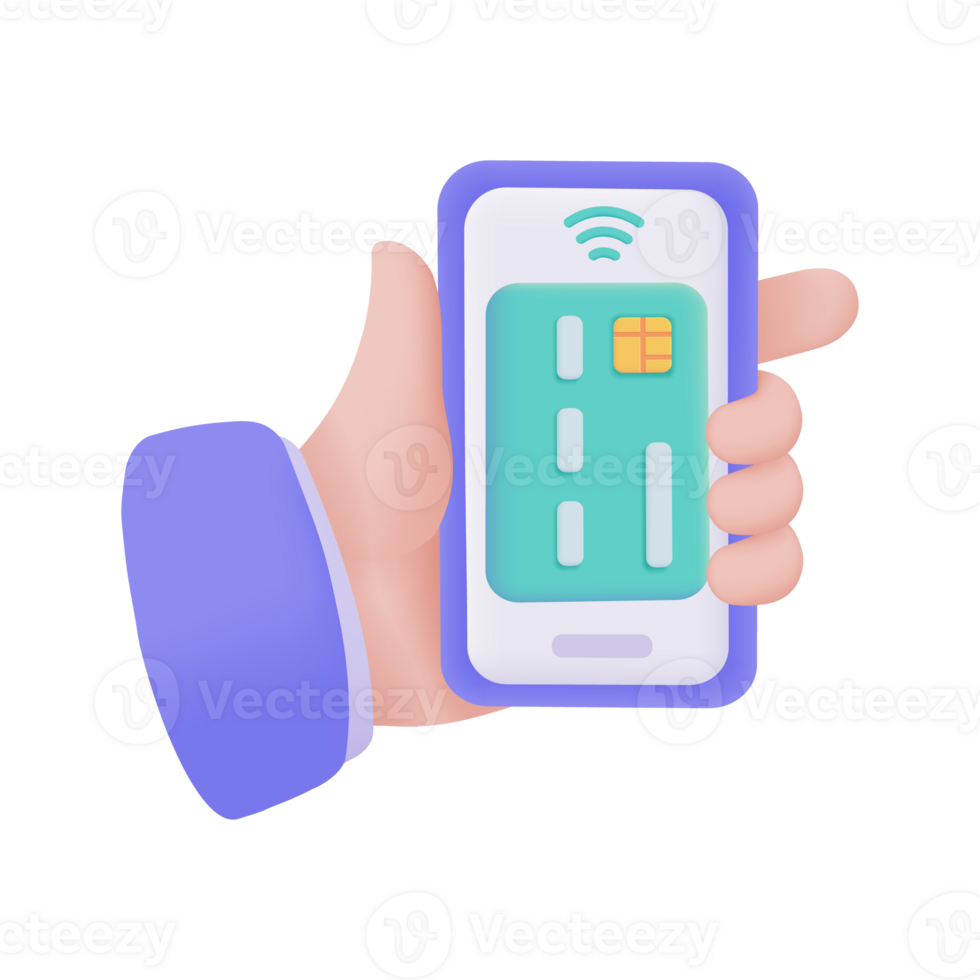 Hand holding a phone. online payment by credit card cashless society Scan QR code to pay online. 3D illustration. png