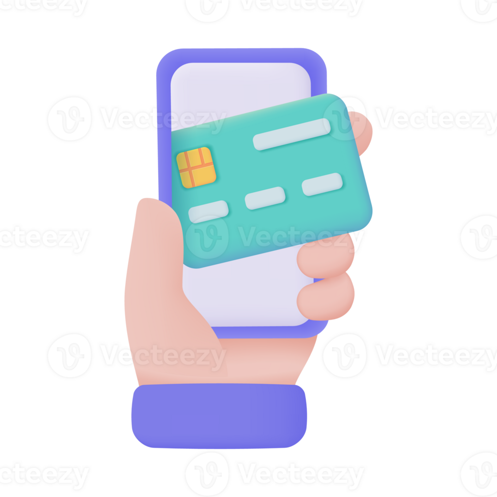Hand holding a phone. online payment by credit card cashless society Scan QR code to pay online. 3D illustration. png