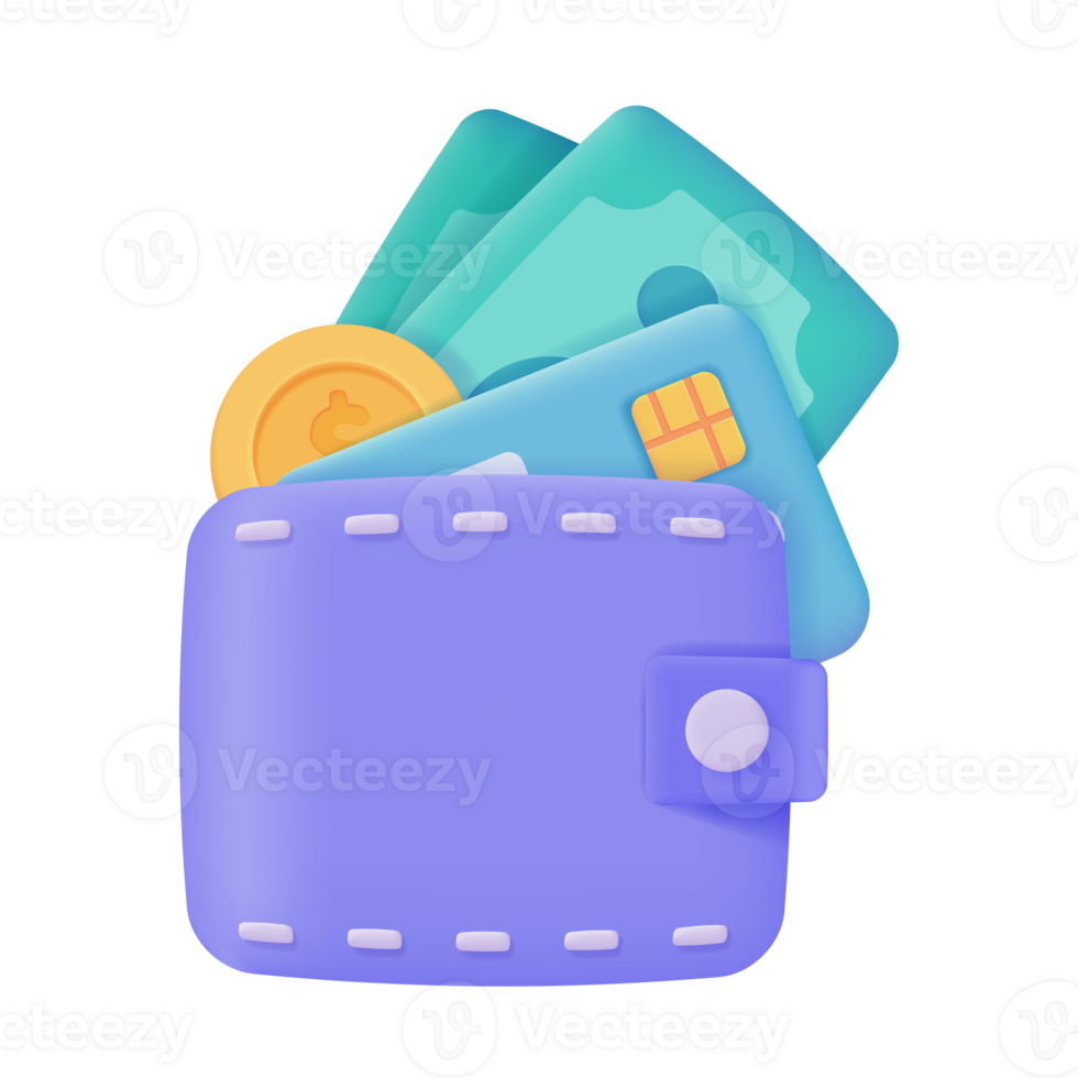 Credit card and wallet 3D icons.Online payment Cashless society for shopping. 3D illustration. png