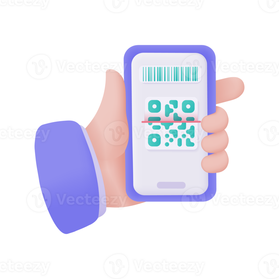 Hand holding a phone. online payment by credit card cashless society Scan QR code to pay online. 3D illustration. png