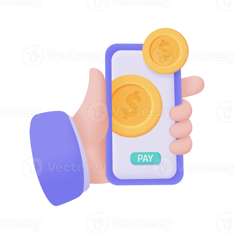 Hand holding a phone. online payment by credit card cashless society Scan QR code to pay online. 3D illustration. png