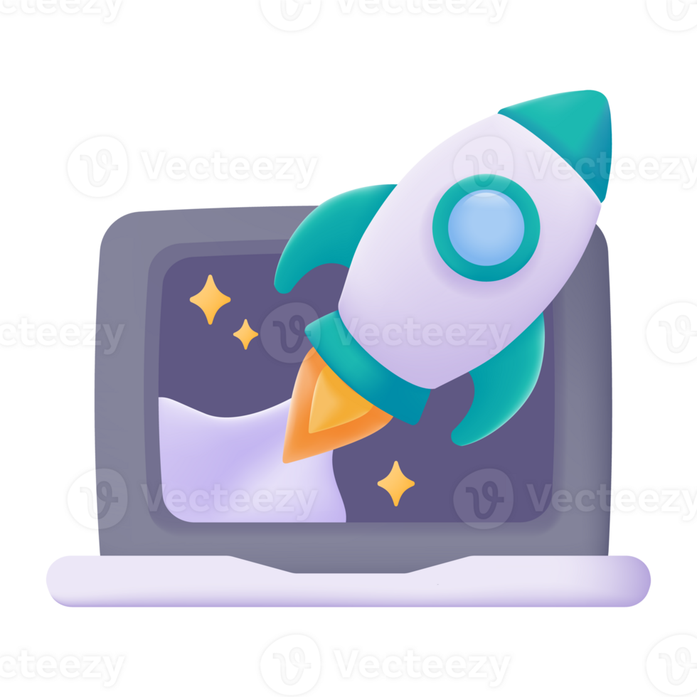 3D rocket coming out of computer monitor concept of commitment to business goals png