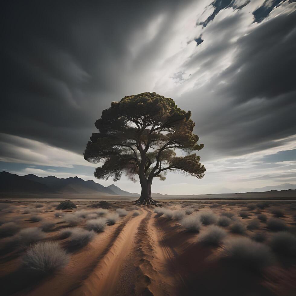 Lonely tree in the desert with dramatic sky and clouds. photo