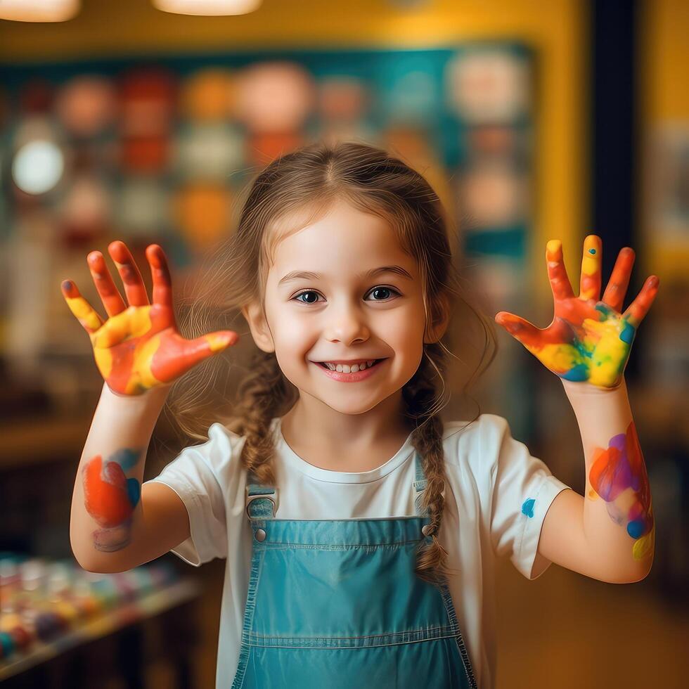 pequeño niña con pintado manos ai generado. foto