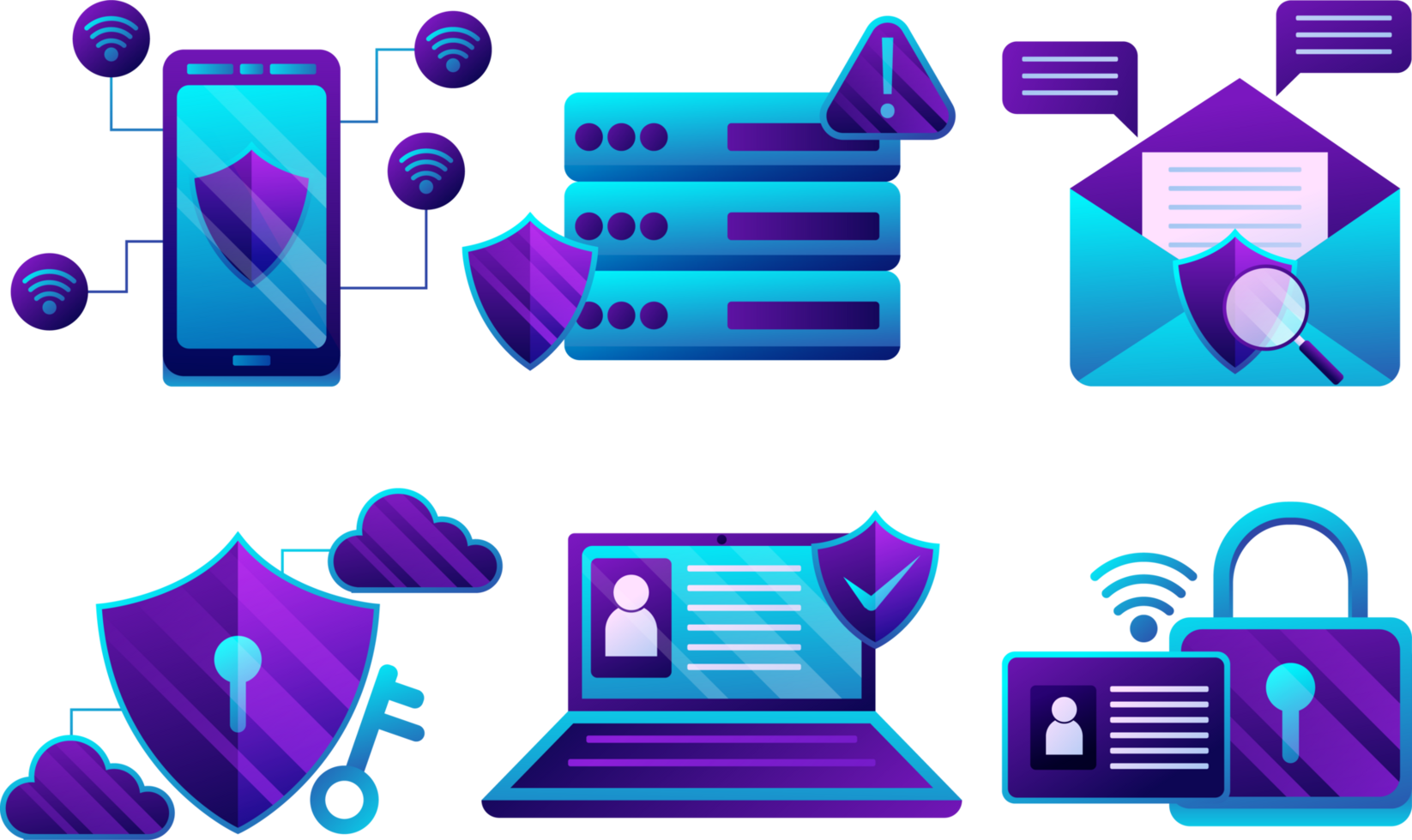 digital data skydd design element uppsättning. cyber säkerhet illustration uppsättning. moln datoranvändning nätverk säkerhet begrepp. png