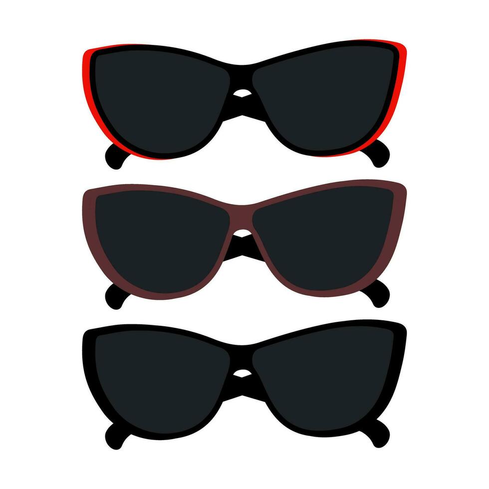 Set of 3 elegance sunglasses with dark lenses in black, red and brown frame. Sunglasses day. Vector. vector