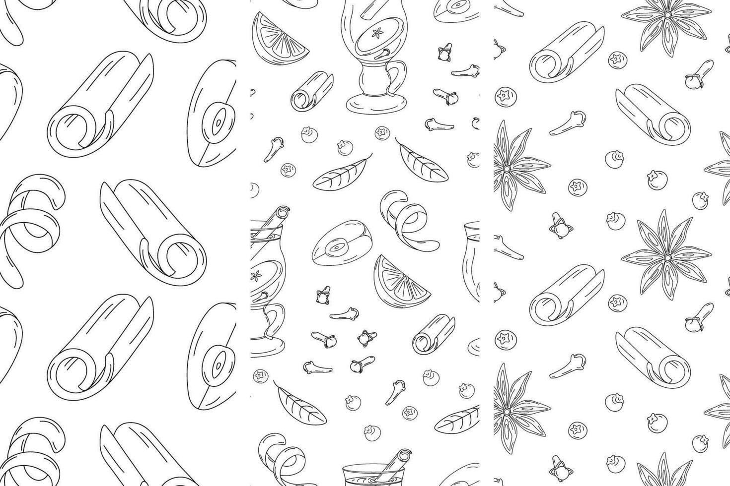 Set of 3 seamless patterns with spice ingredients and a cup of mulled wine. Hand drawn Line Art. EPS vector