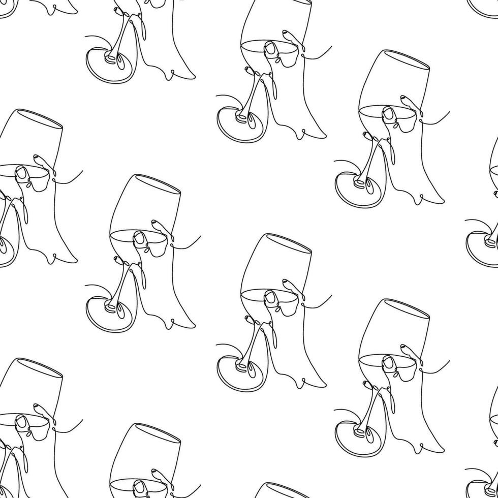 Seamless pattern of womans hand with glass of wine in one continuous line. Womens Day. Vector. EPS vector
