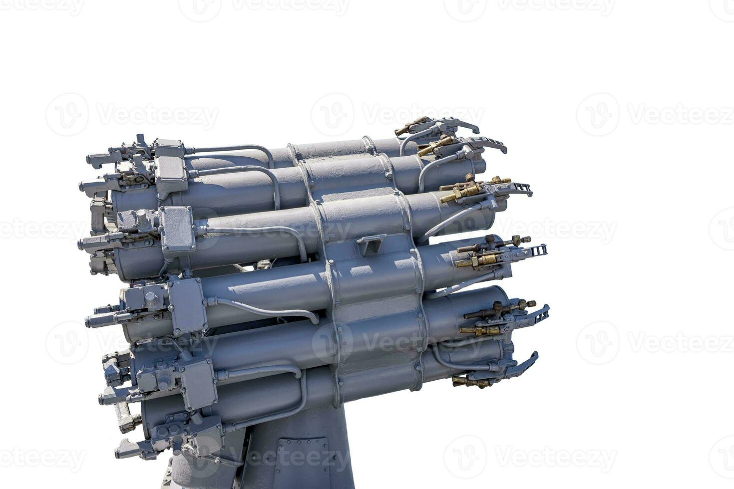 A dangerous weapon ship launcher. The battery of guns of gray. For the defense of military ships, Isolated on white background photo