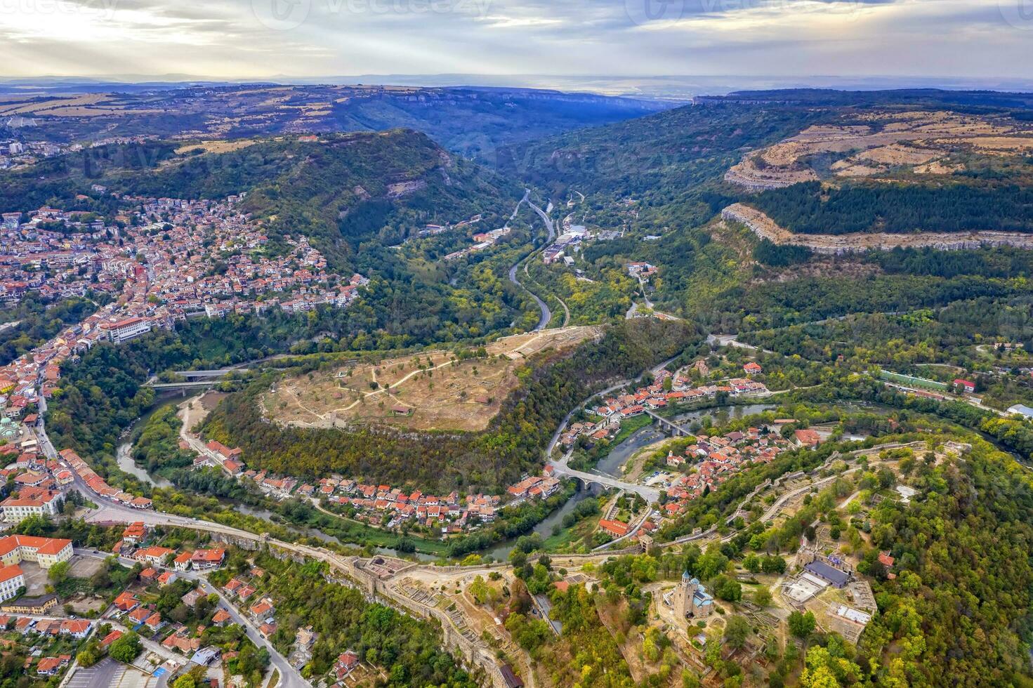 Aerial view of the Veliko Tarnovo and Tsarevets, a medieval fort on top of the hill, capital of the Second Bulgarian Kingdom. Veliko Tarnovo, Bulgaria photo