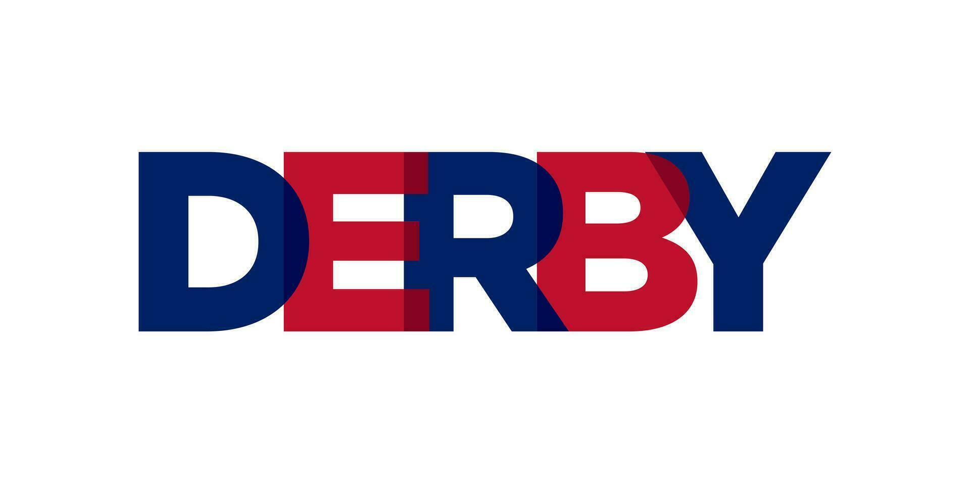 Derby city in the United Kingdom that offers a unique blend of urban and historical landmarks. The design features a geometric style illustration with bold typography in a modern vector