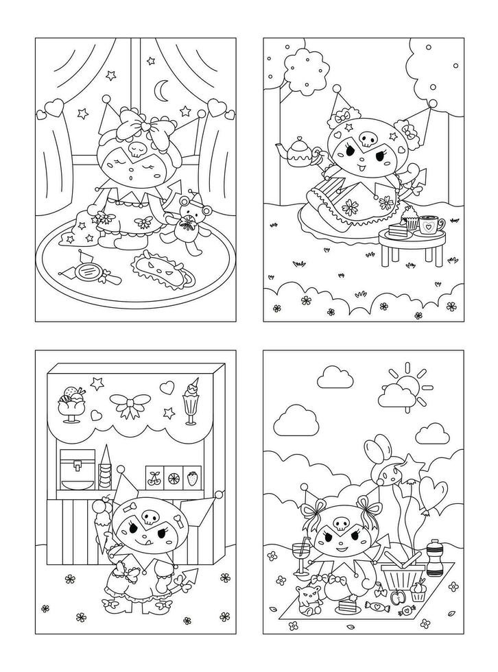 Female Bunny Character in Daily Activities Coloring Pages vector