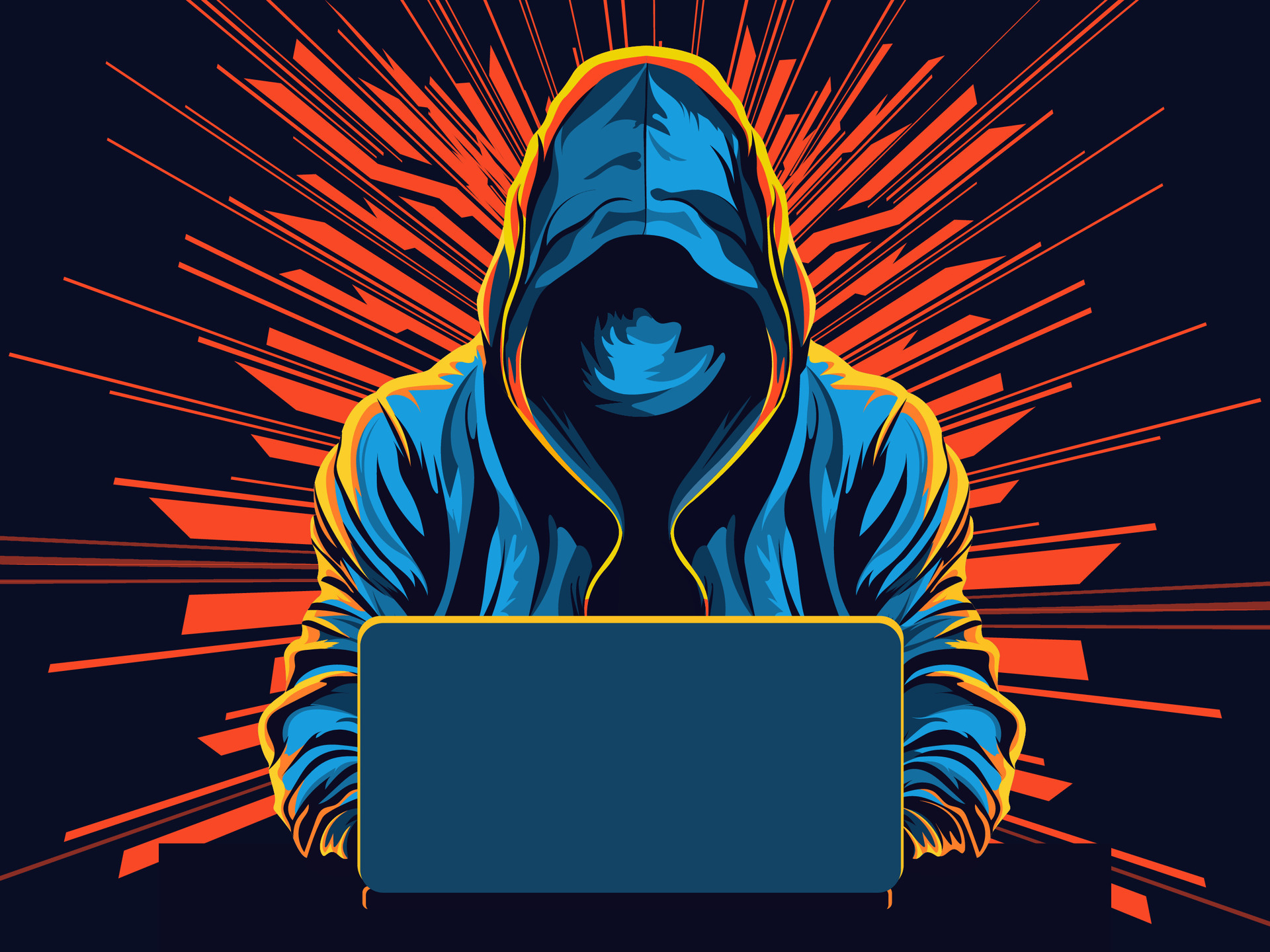 Anonymous hacker using laptop on abstract rays background 24729905