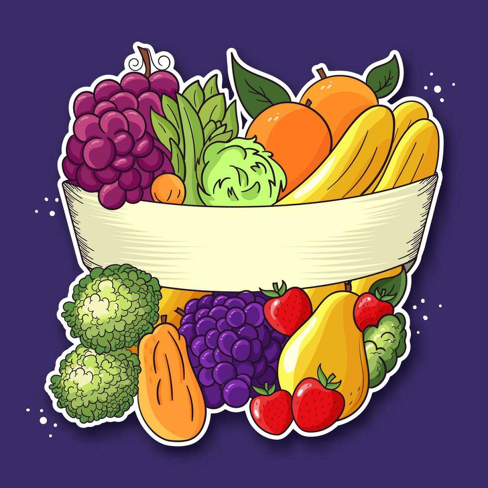 Sticker Style Fresh Fruits Bunch on Purple Background. vector