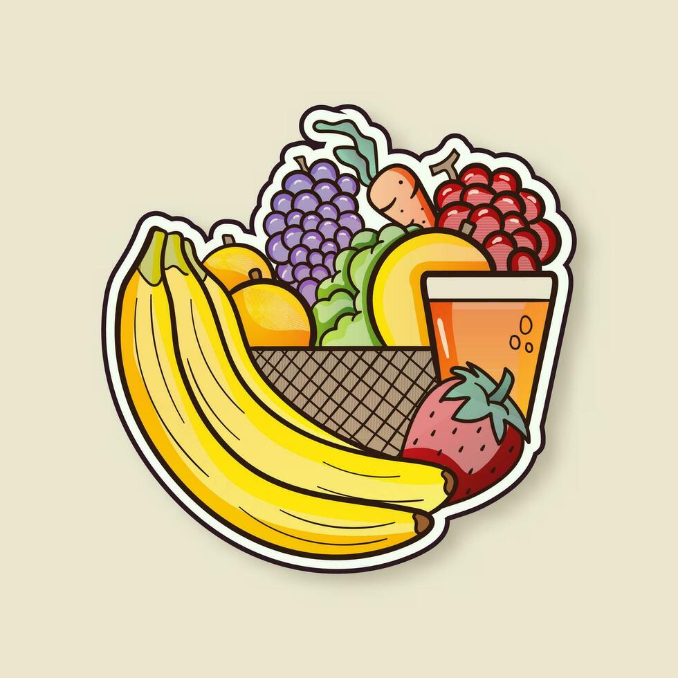 Sticker Style Big Fruits Bowl and Juice Glass Isolated on Beige Background. vector