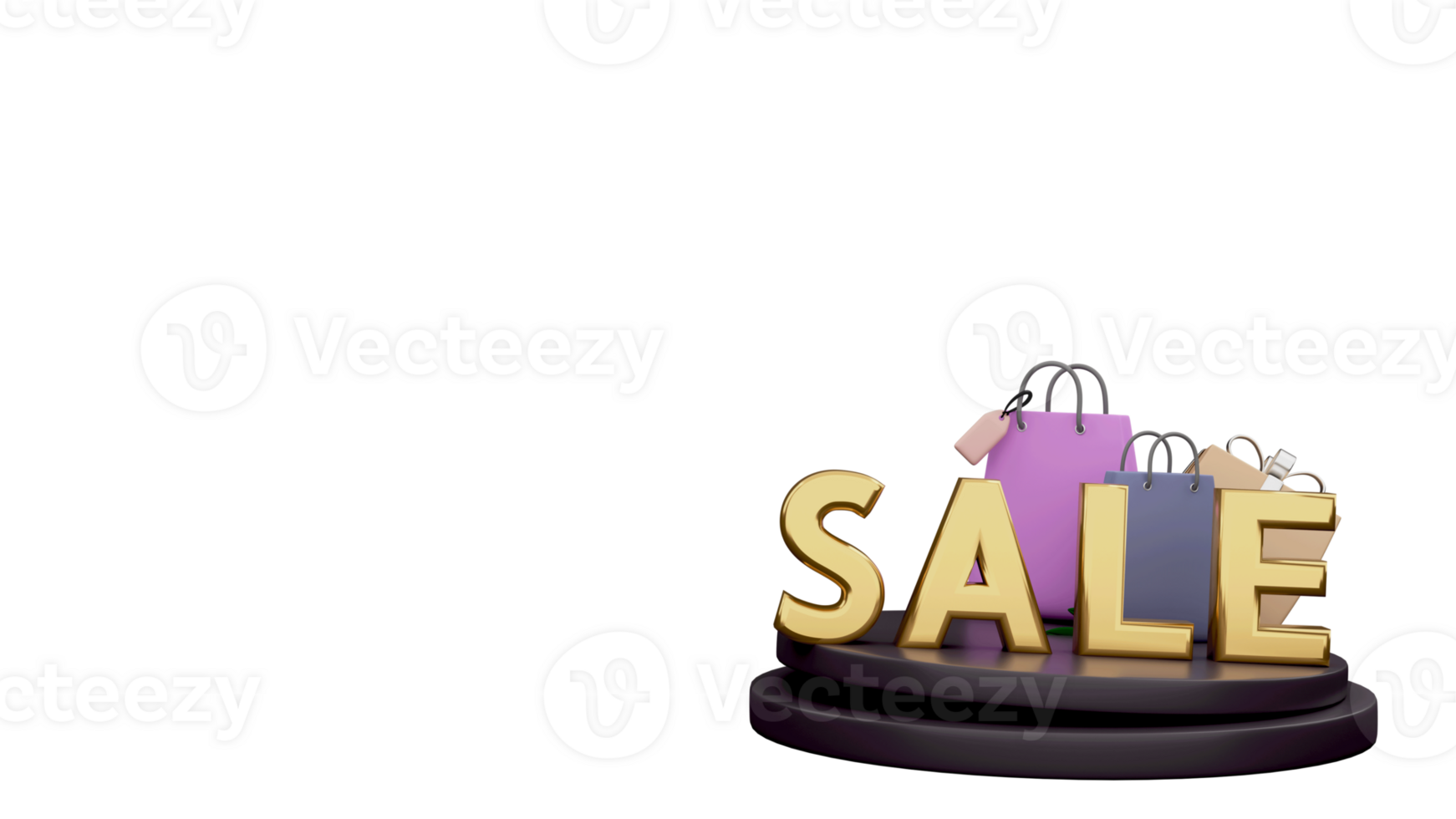 3D Render Of Sale Text With Gift Box Over Podium, Shopping Bag, png
