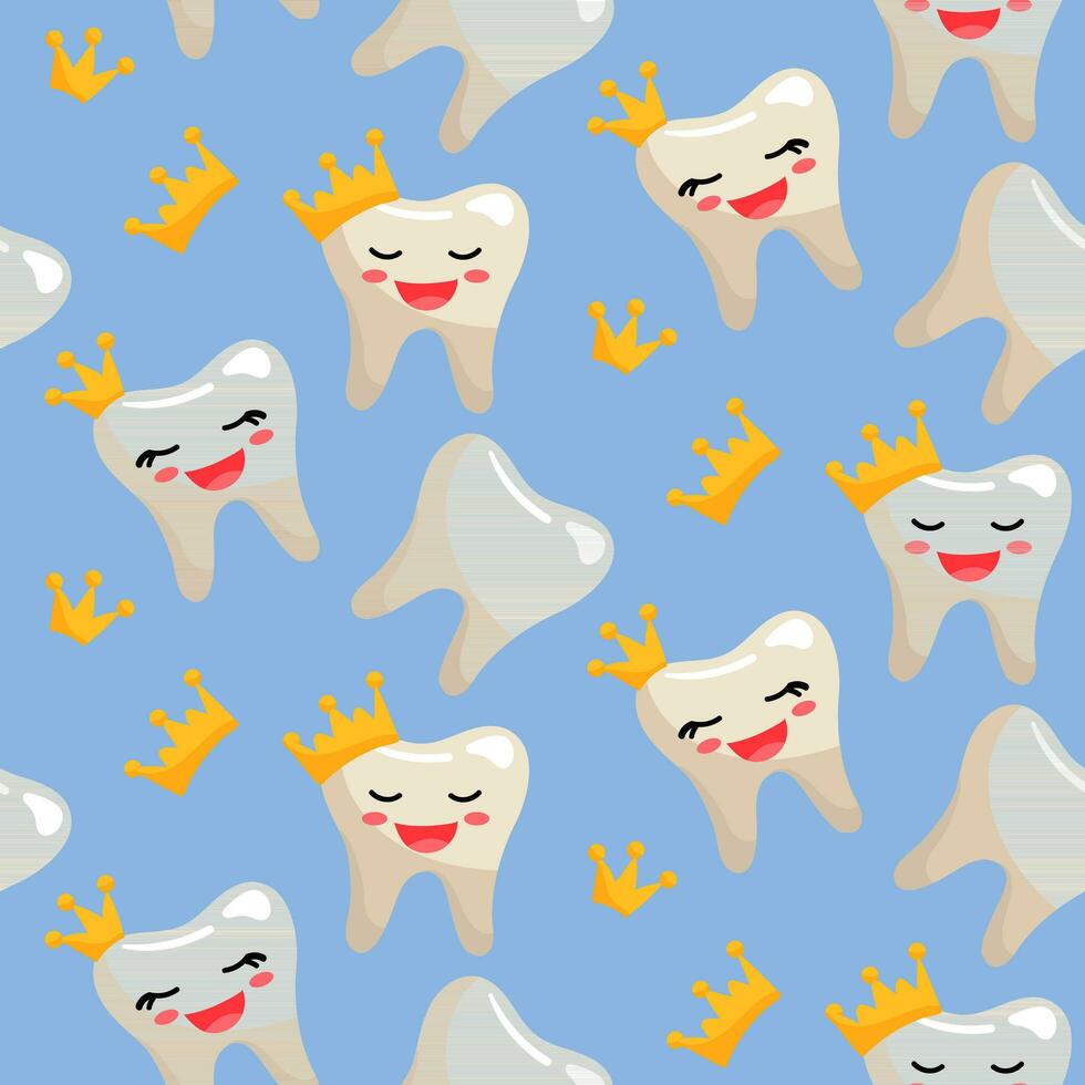 A pattern of smiling happy teeth with a crown, a boy and a girl. The theme is teeth with a crown. Charming vector illustration. Light blue background for tablecloth, fabric, wrapping paper. Seamless
