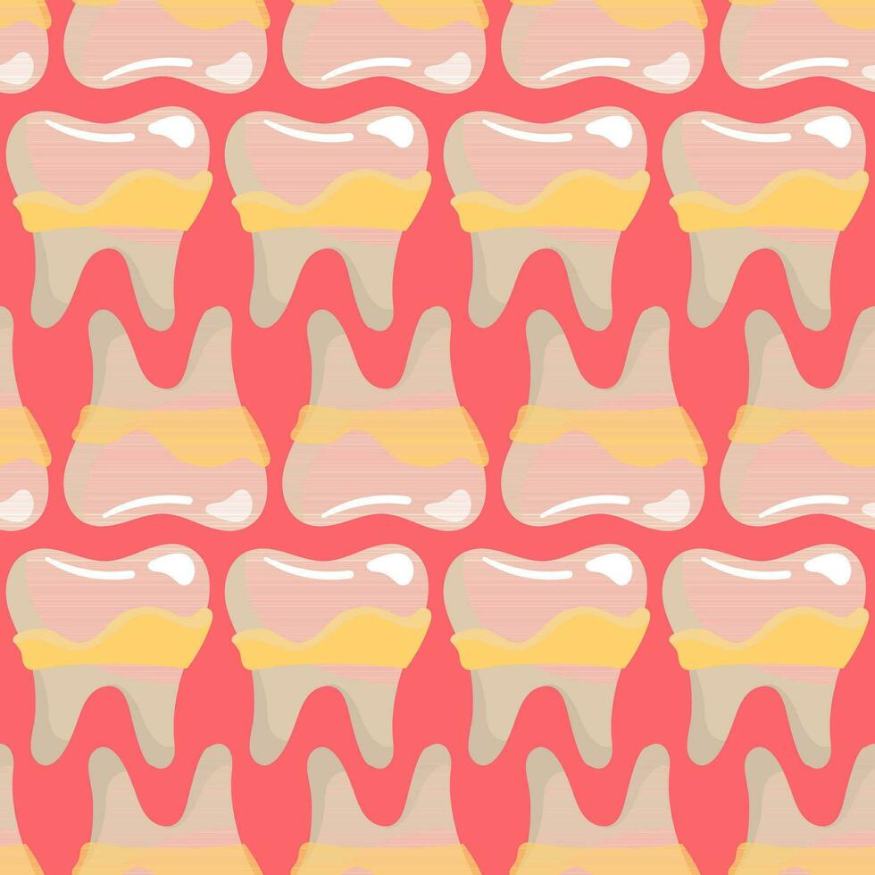 A pattern of simple teeth with tartar. Brushing your teeth. Theme teeth with tartar. Cartoon vector illustration. Pink background for printing on fabric and wrapping paper. Seamless pattern