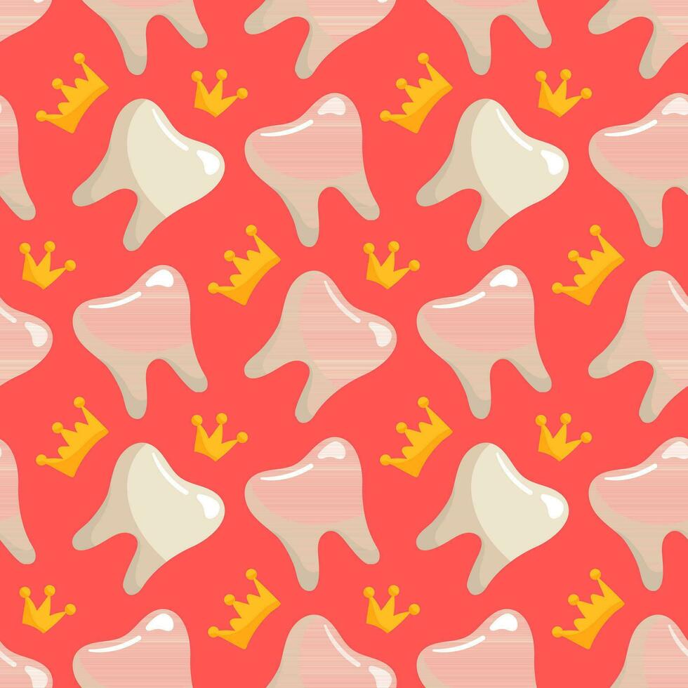 A pattern of simple teeth with a crown. Dentistry. The theme is teeth with a crown. Charming vector illustration. Pink background for tablecloth, fabric, wrapping paper. Seamless pattern