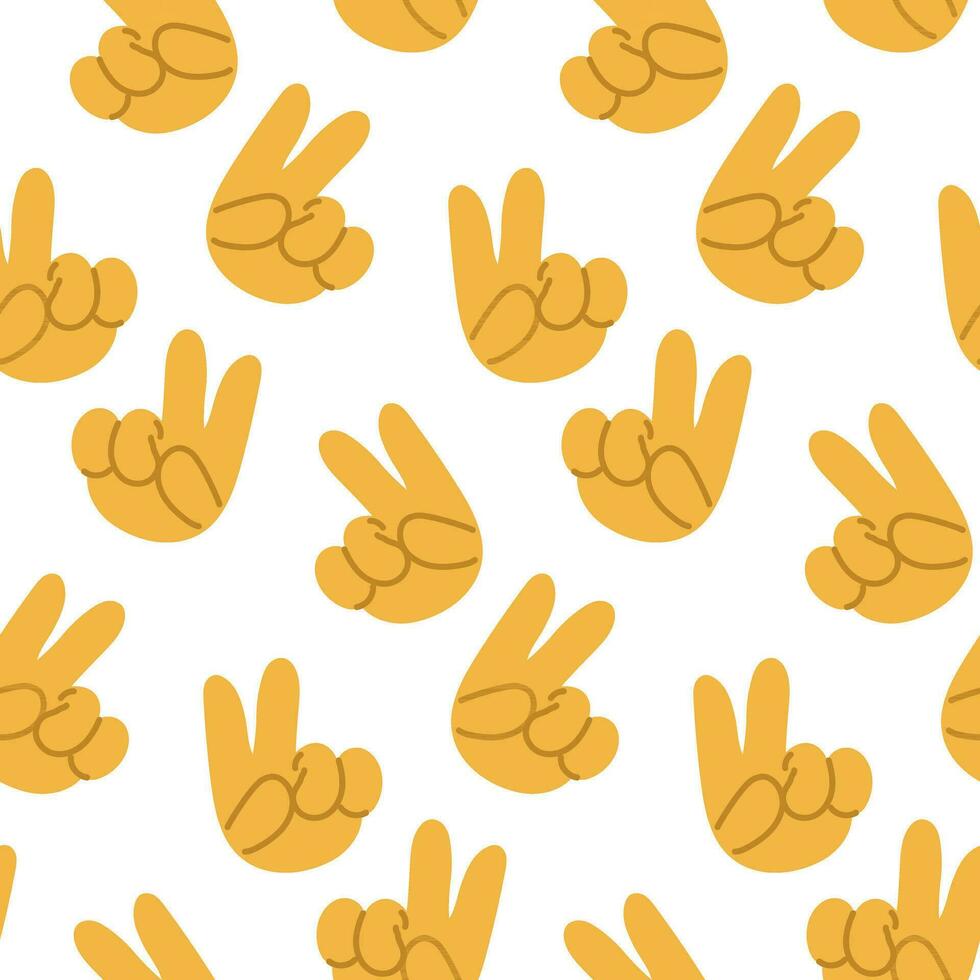 Seamless pattern with the victory gesture, two thumbs up. Victory, life, peace. Index and middle finger up. Template for printing backgrounds on wallpaper, textiles. Background of victory, life vector