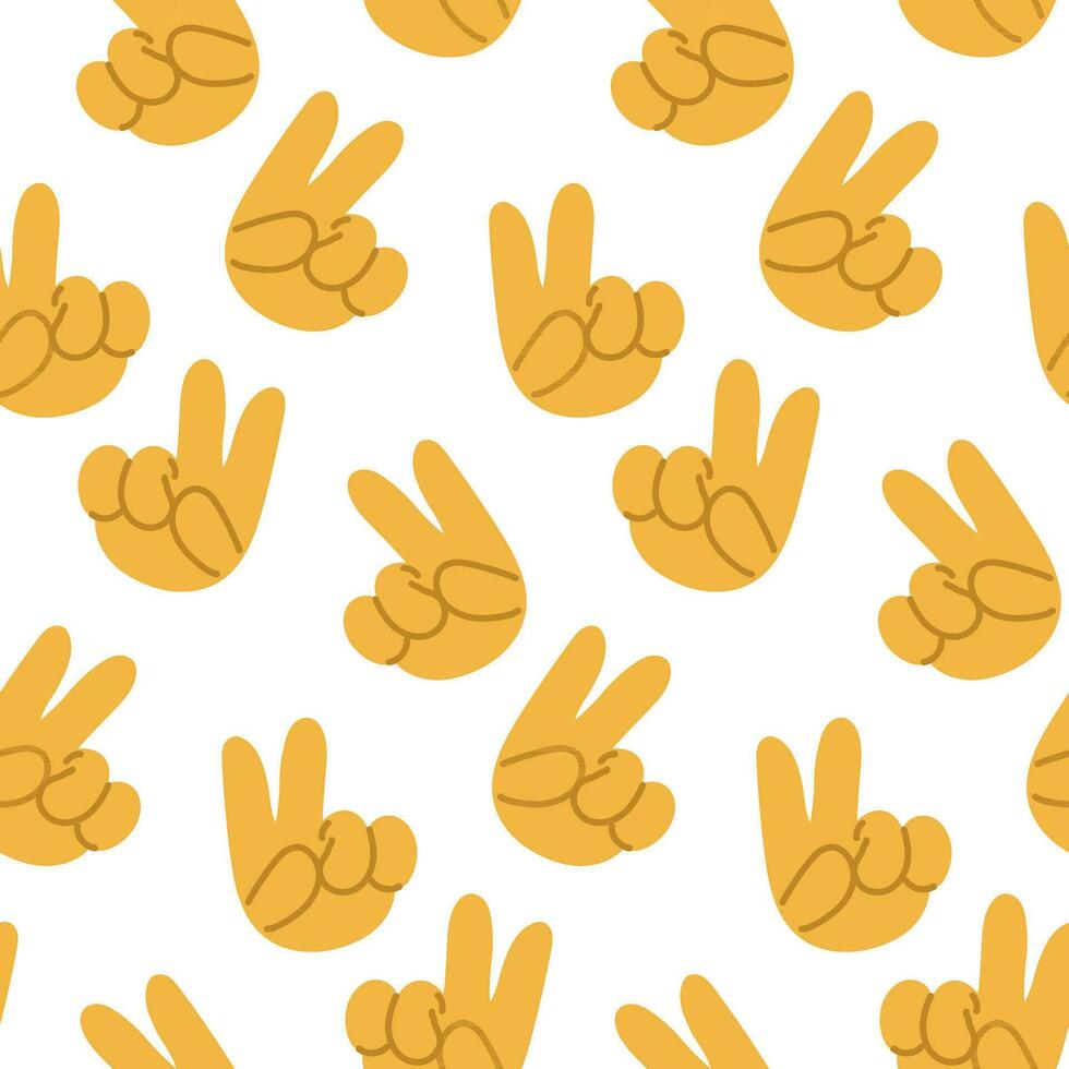 Seamless pattern with the victory gesture, two thumbs up. Victory, life, peace. Index and middle finger up. Template for printing backgrounds on wallpaper, textiles. Background of victory, life vector