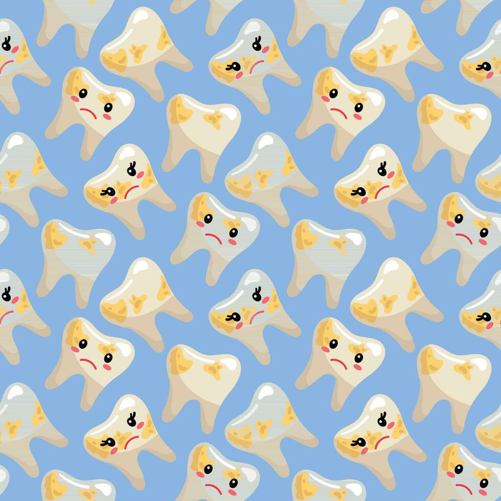 A drawing of sad upset teeth in a tartar, a boy and a girl. The topic is tartar. Charming vector illustration. Light blue background for tablecloth, fabric, wrapping paper. Seamless cartoon ornament