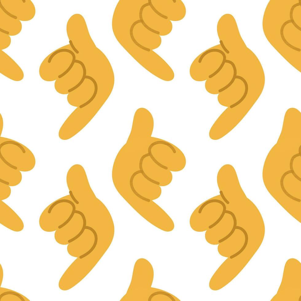 Seamless pattern in the sign of a call, Call me. The sign is a clenched fist but the little finger and thumb are open, communication. Support the concept, call. Vector cartoon illustration