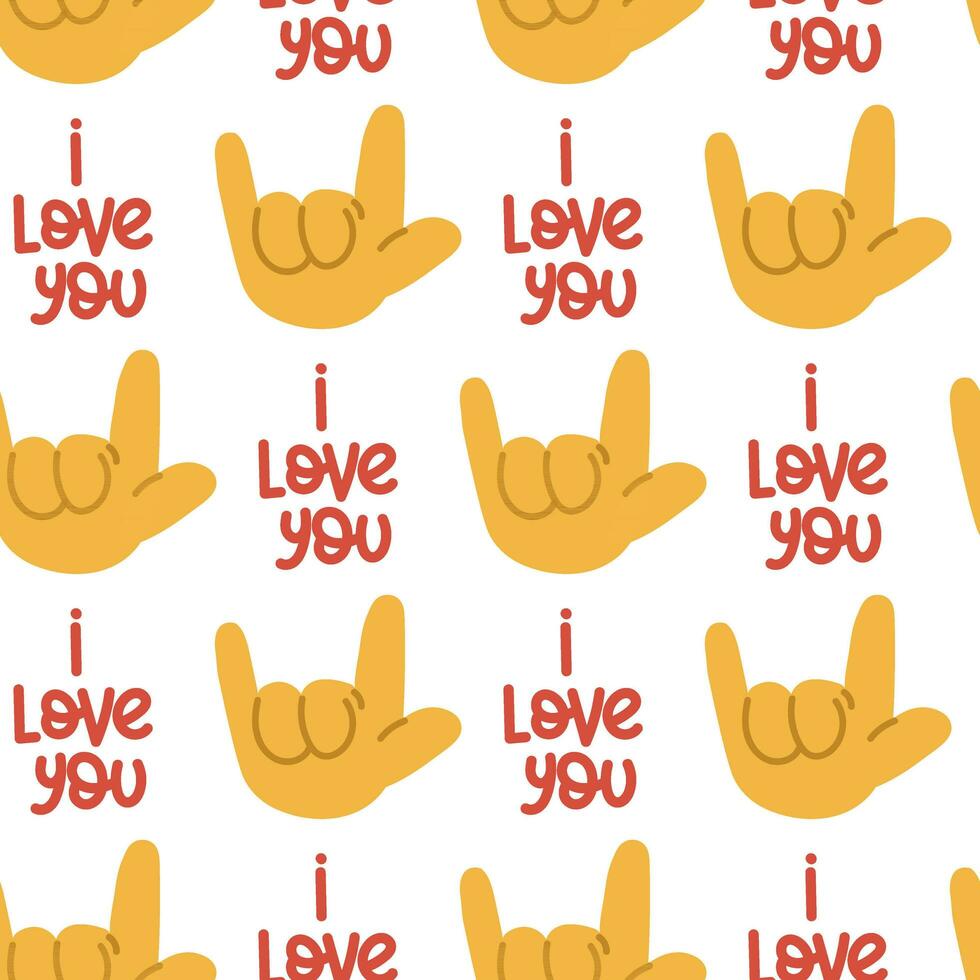 A pattern from the American sign language with the inscription I love you. Yellow rounded cartoon hands, show the sign. Trendy print for fabric, paper, wallpaper for smartphones. Symmetry vector