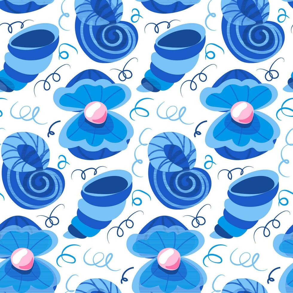 A pattern with cartoon blue shells of different types, open with a pearl. Vector illustration on a marine theme. Printing on textiles and paper. Wrapping paper, clothing, children's theme