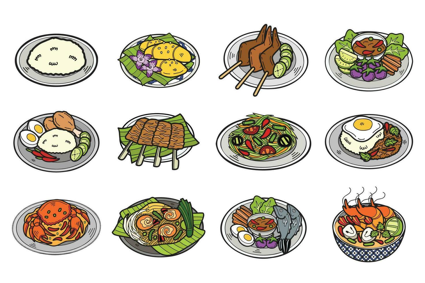 Hand Drawn Thai food collection in flat style illustration for business ideas vector