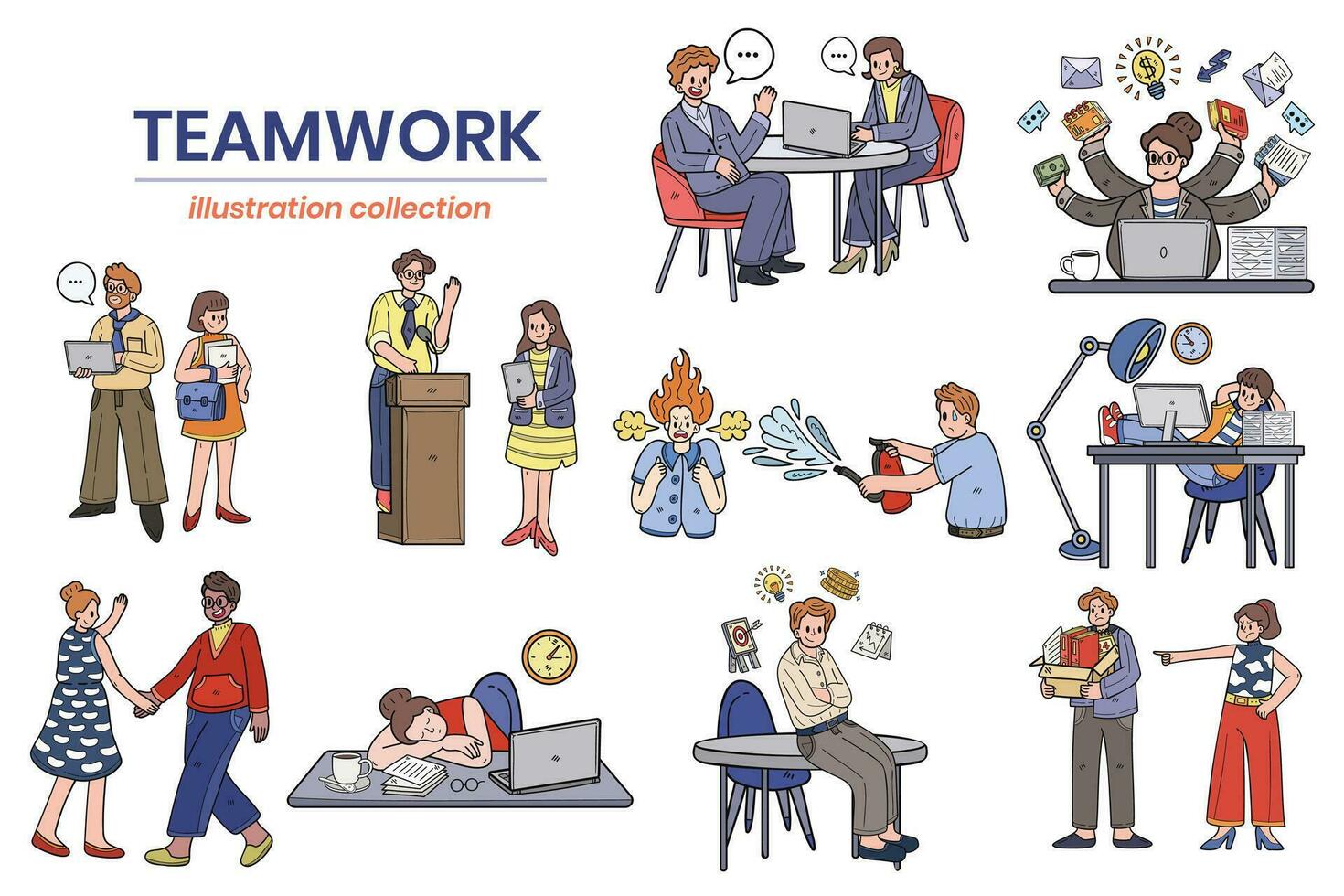 Hand Drawn Business people and teamwork in the workplace in flat style illustration for business ideas vector