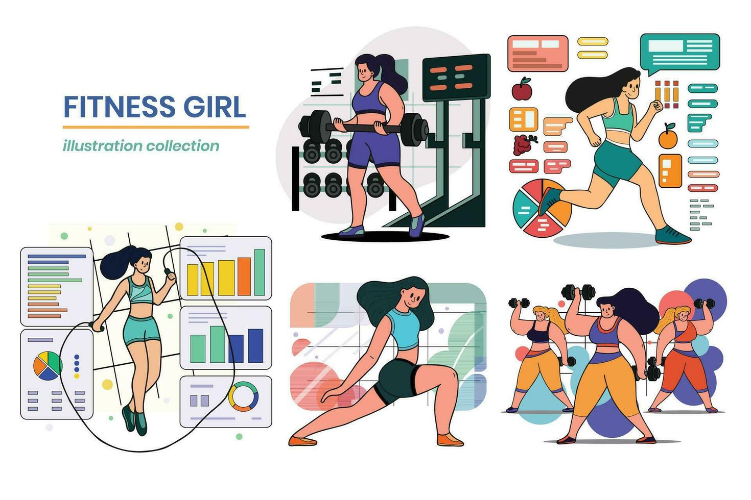 mano dibujado aptitud niña en el gimnasio en plano estilo ilustración para negocio ideas vector