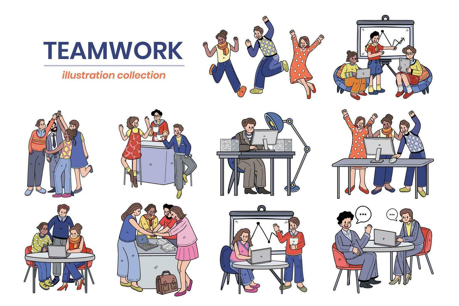 Hand Drawn Business people and teamwork in the workplace in flat style illustration for business ideas vector