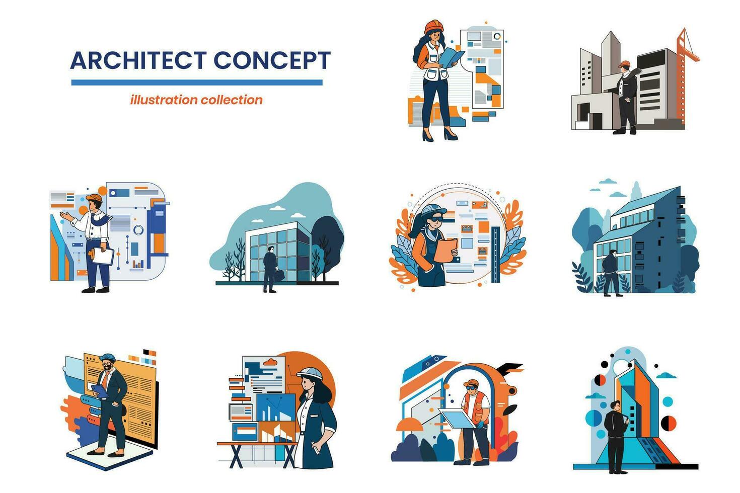 mano dibujado arquitectos y ingenieros colección en plano estilo ilustración para negocio ideas vector