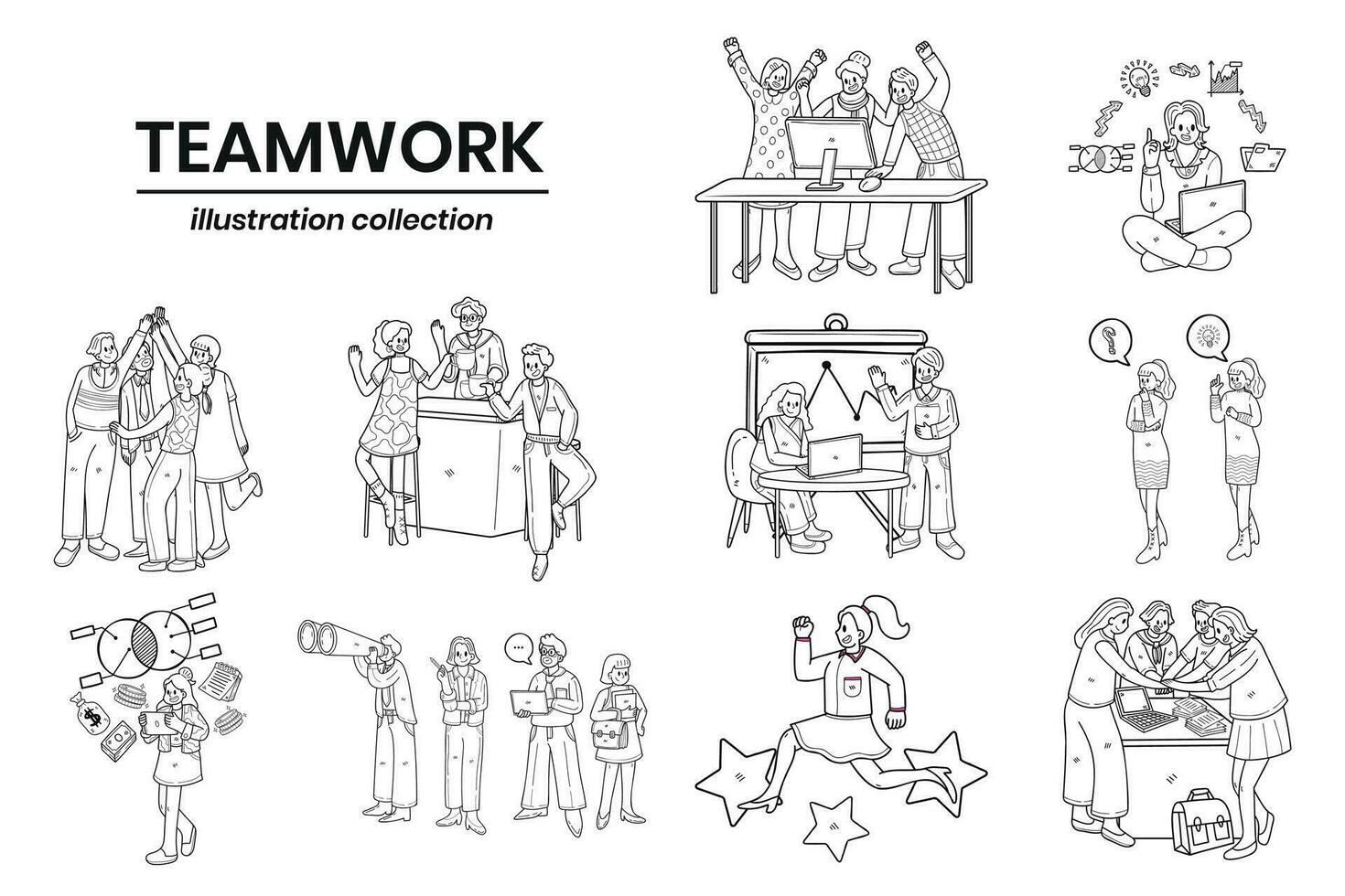 mano dibujado negocio personas y trabajo en equipo en el lugar de trabajo en plano estilo ilustración para negocio ideas vector