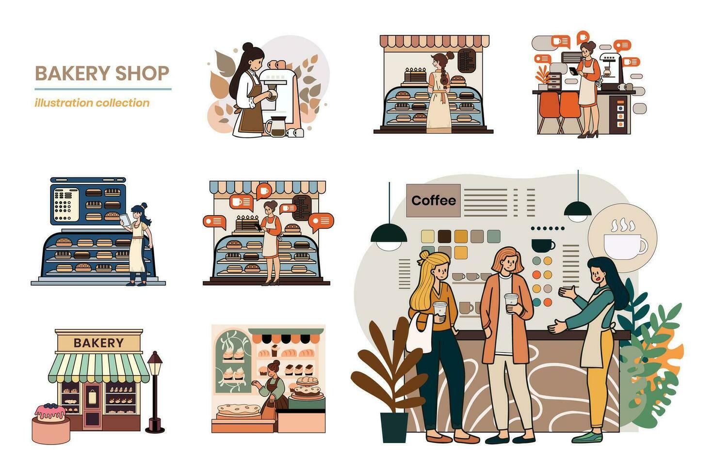 Hand Drawn Coffee shop with female barista collection in flat style illustration for business ideas vector