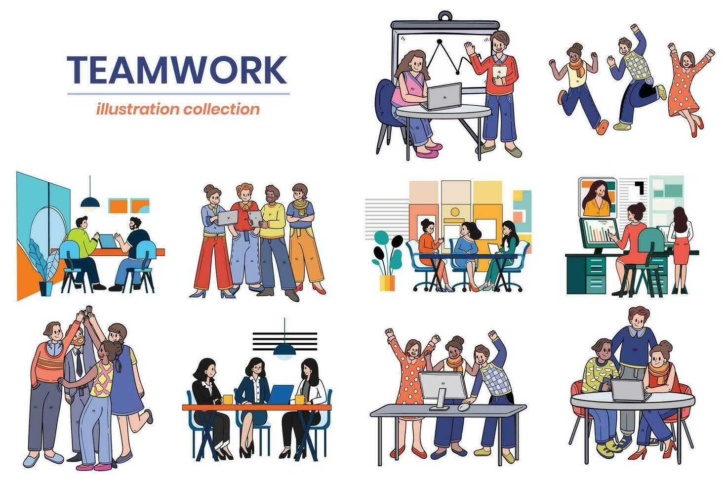 Hand Drawn Business people and teamwork in the workplace in flat style illustration for business ideas vector