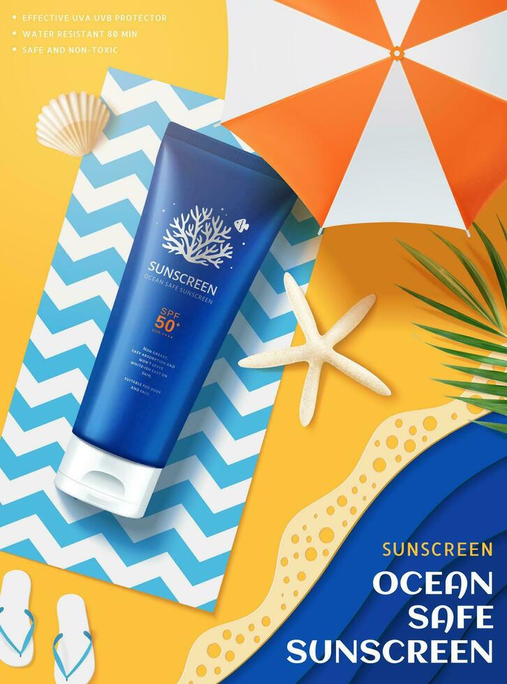 Ocean safe sunscreen ads laying on paper art summer beach scene in 3d illustration with parasol vector