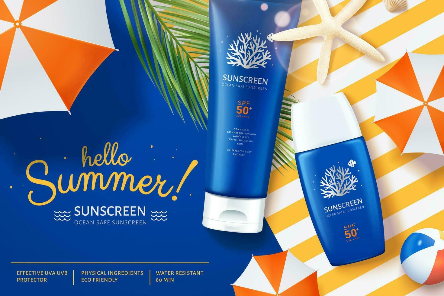 Ocean safe sunscreen ads laying on paper art summer beach scene in 3d illustration with parasol vector
