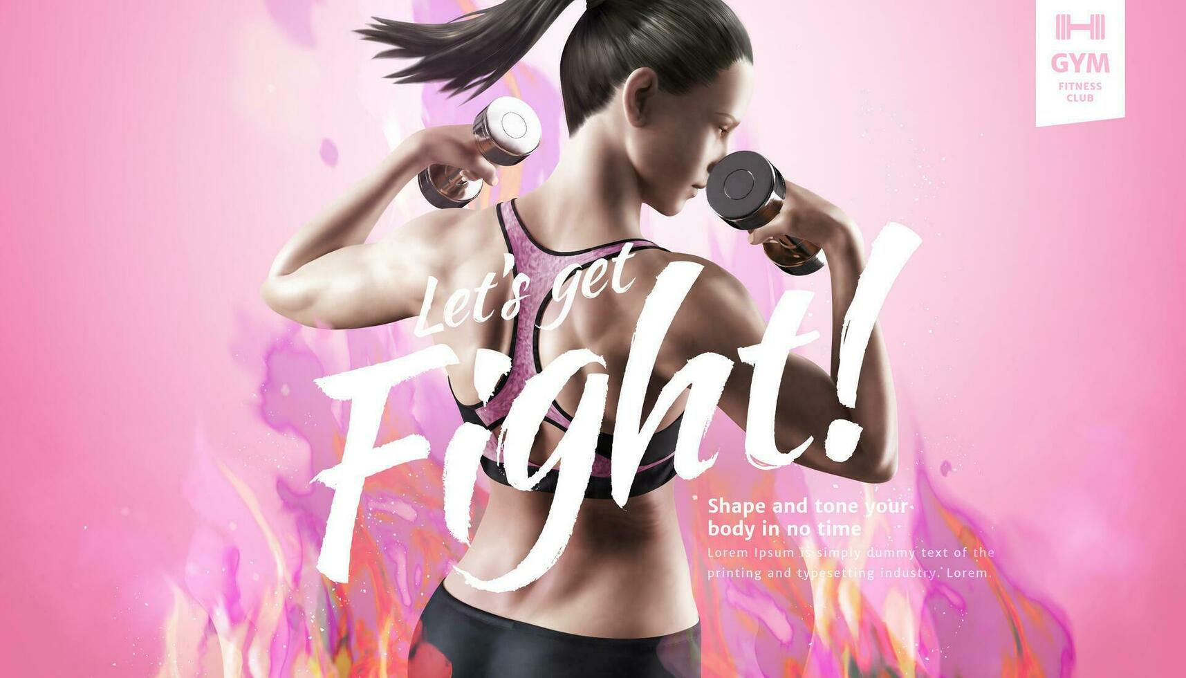 aptitud mujer con pesa en ropa de deporte en rosado fuego fondo, gimnasio anuncios en 3d ilustración vector